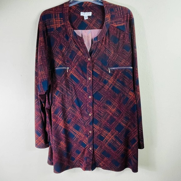 Susan Graver Liquid knit Orange and blue Buttondown top size 3X - Picture 2 of 10